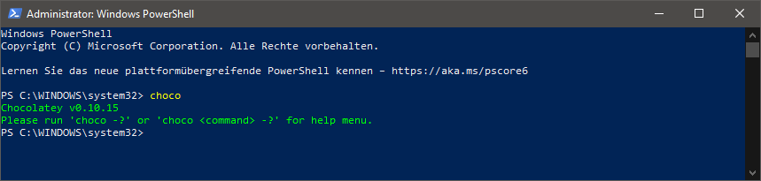Screenshot der PoweShell mit dem erfolgreich ausgeführten Befehl ''choco''.