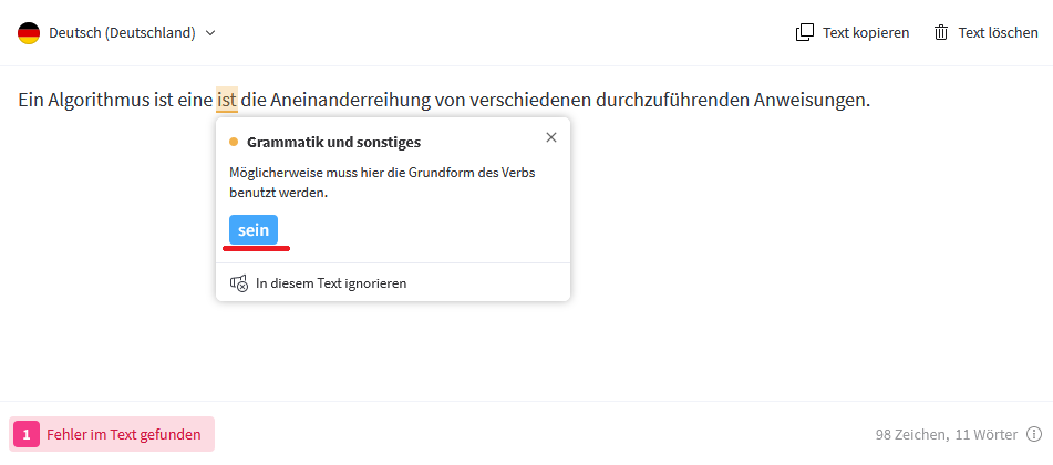 Screenshot des LanguageTools: Ein Fehler wird erkannt, der Lösungsvorschlag "sein" ist jedoch Unsinn