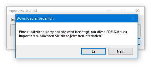 Screenshot mit der Meldung von NAPS2: "Download erforderlich - Eine zusätzliche Komponente wird benötigt, um diese PDF-Datei zu importieren. Möchten Sie diese jetzt herunterladen?"